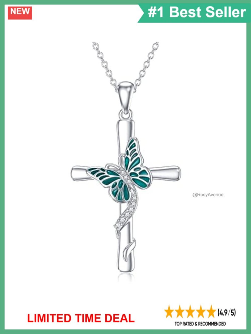 925 Sterling Silver Cross Butterfly Pendant Necklace with Lab-Grown Diamonds
